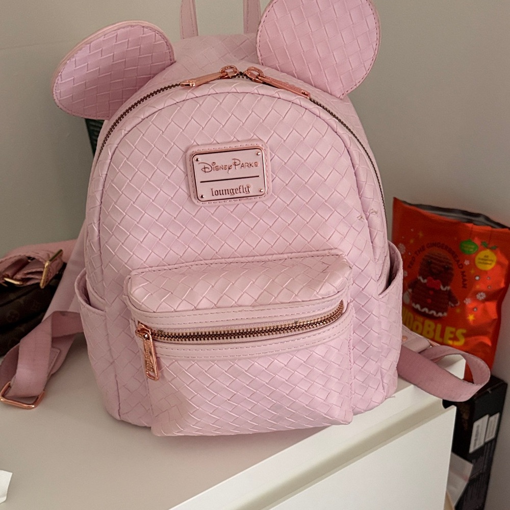 Loungefly Pink Woven Minnie Ear Mini Backpack with Rose Gold Hardware